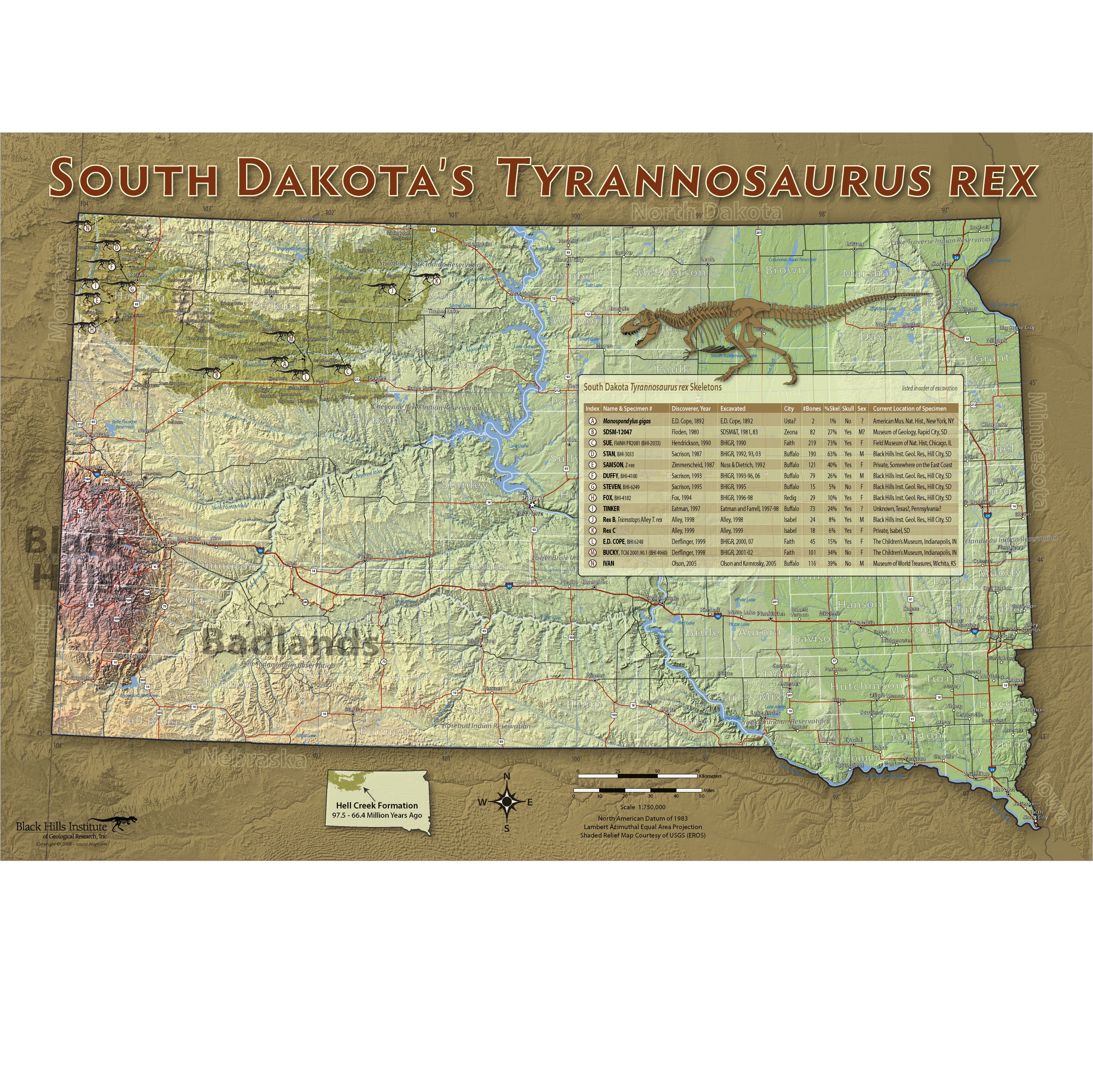 South Dakota's Tyrannosaurus rex Map Poster